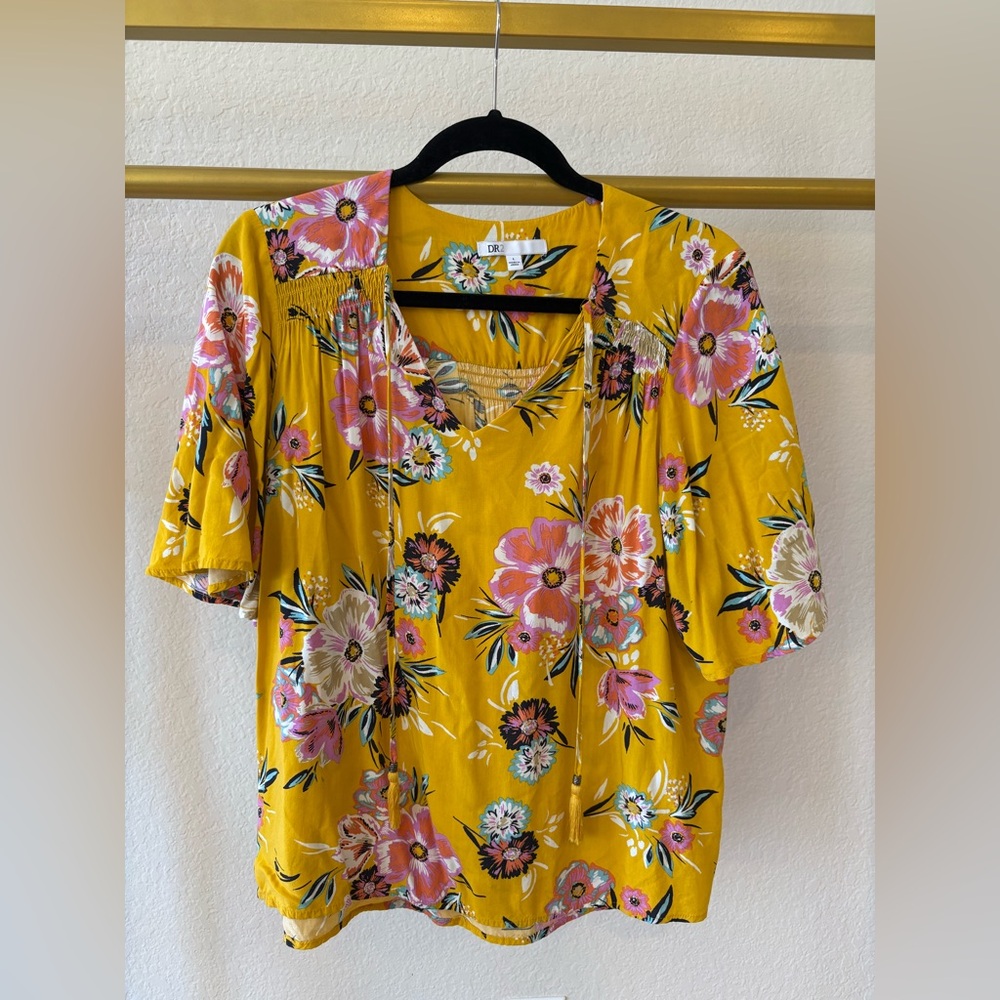 DR2 Women’s yellow floral boho blouse shirt with bow